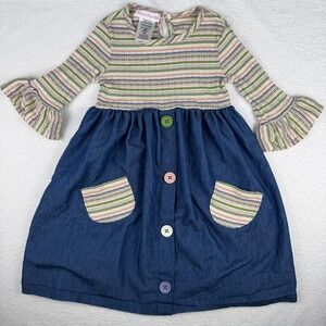 Bonnie Jean Dress Girls Size 6 Blue Denim Striped Knit Bodice Ruffle Sleeve Boho